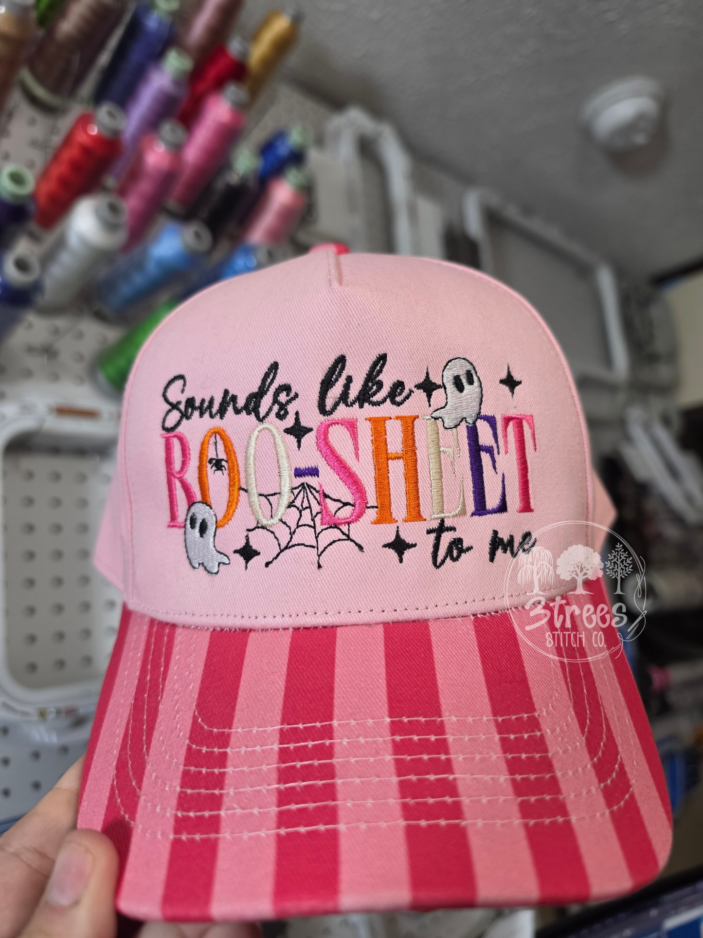 Sounds Like Boo-Sheet To Me Embroidered Halloween Trucker Hat