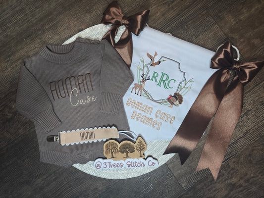 Baby Banner • Knit Romper • Paci Clip Bundle