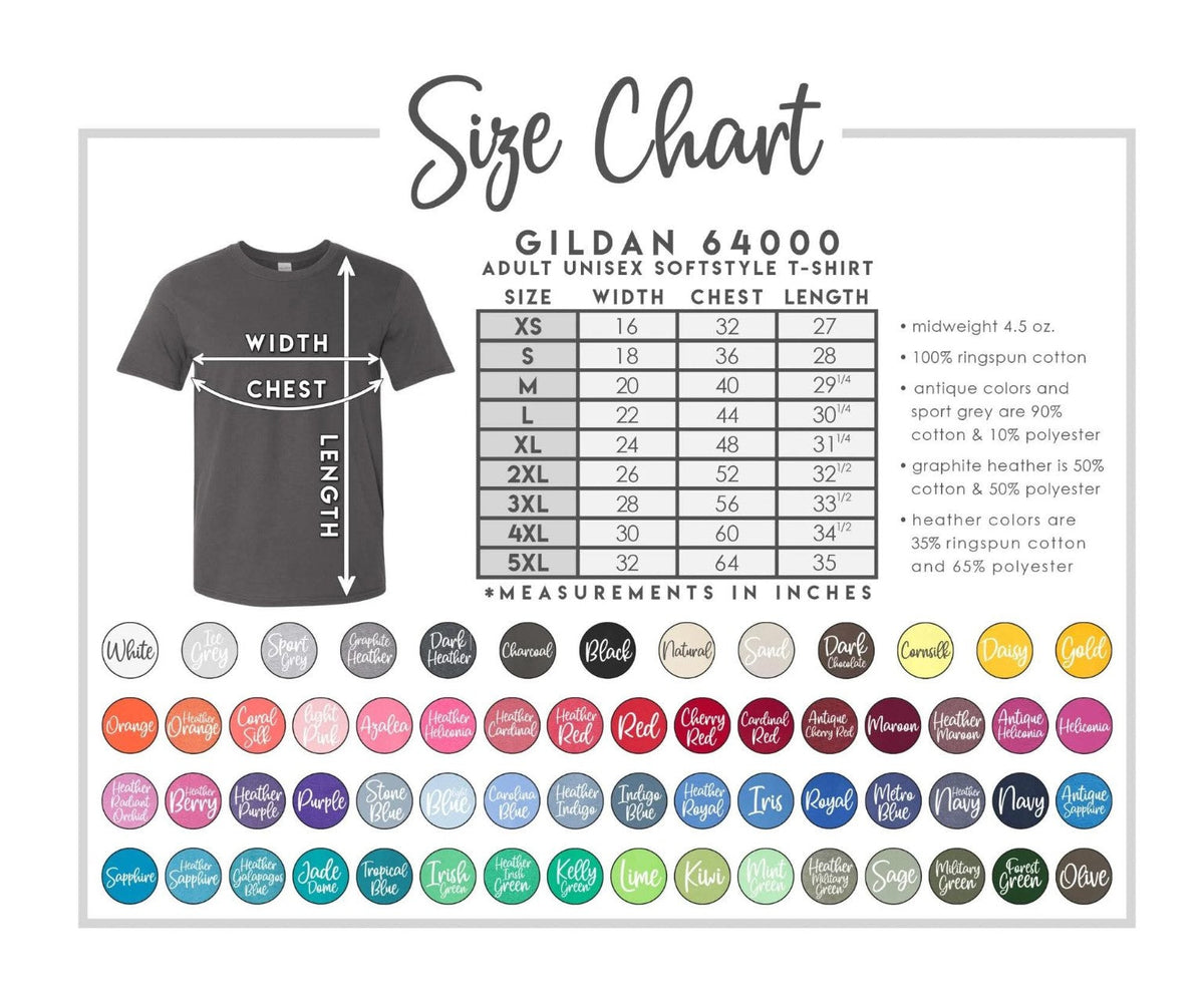 Gildan 64000 tee size chart