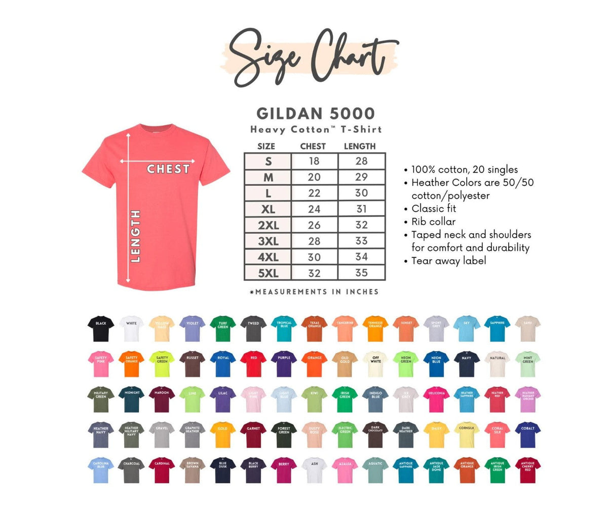 Gildan 5000 tee size chart