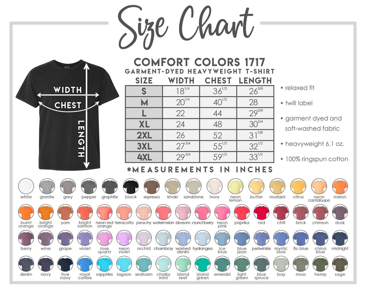 Comfort Colors C1717 size and color chart
