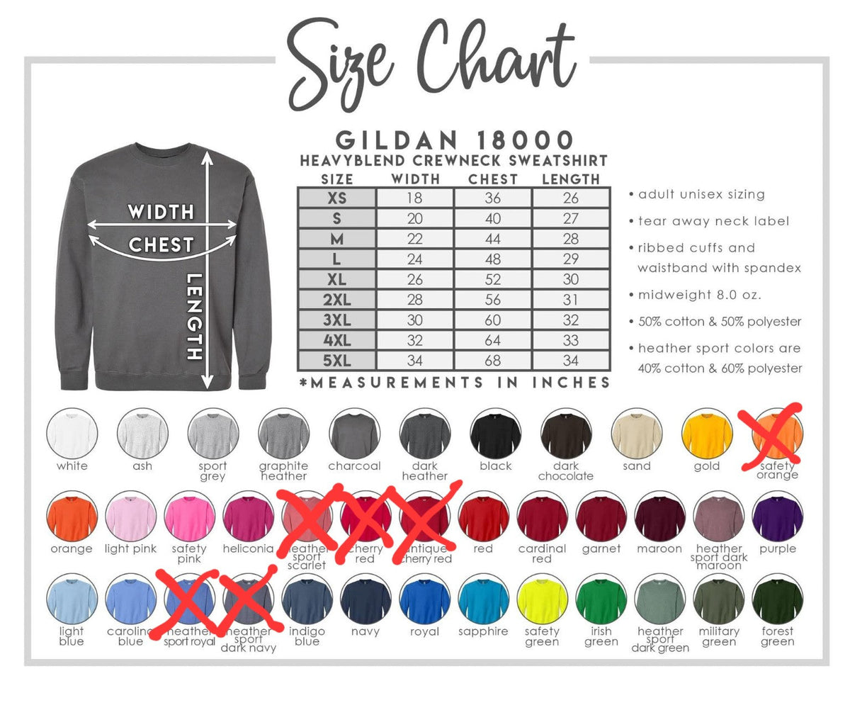 Gildan 18000 crewneck size chart