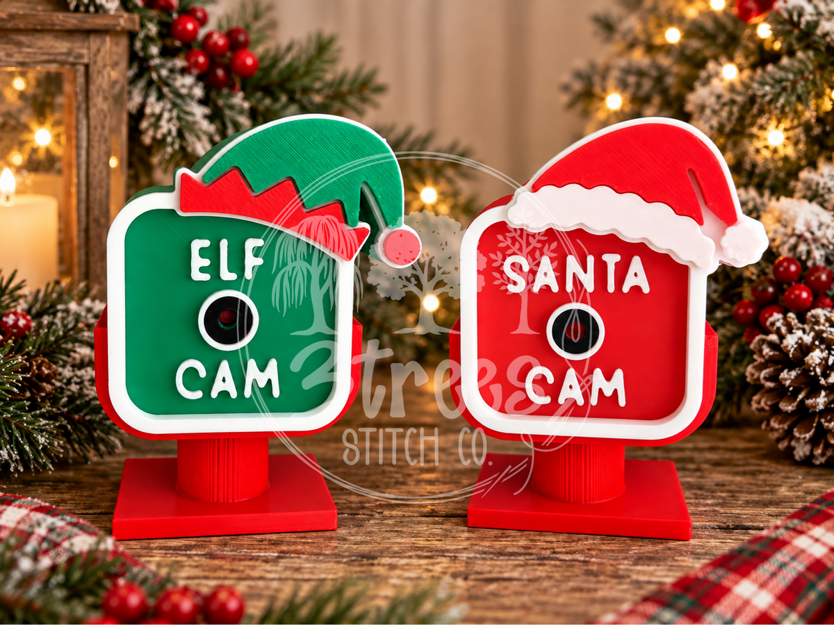3D printed Elf Cam and Santa Cam Christmas decorations