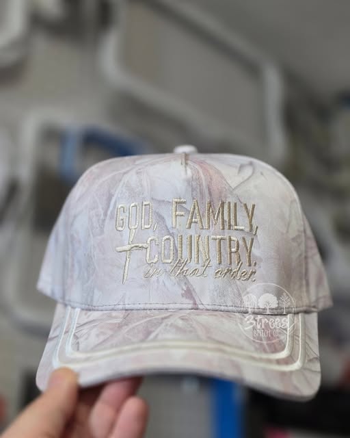 GOD FAMILY COUNTRY. IN THAT ORDER CAMO HAT