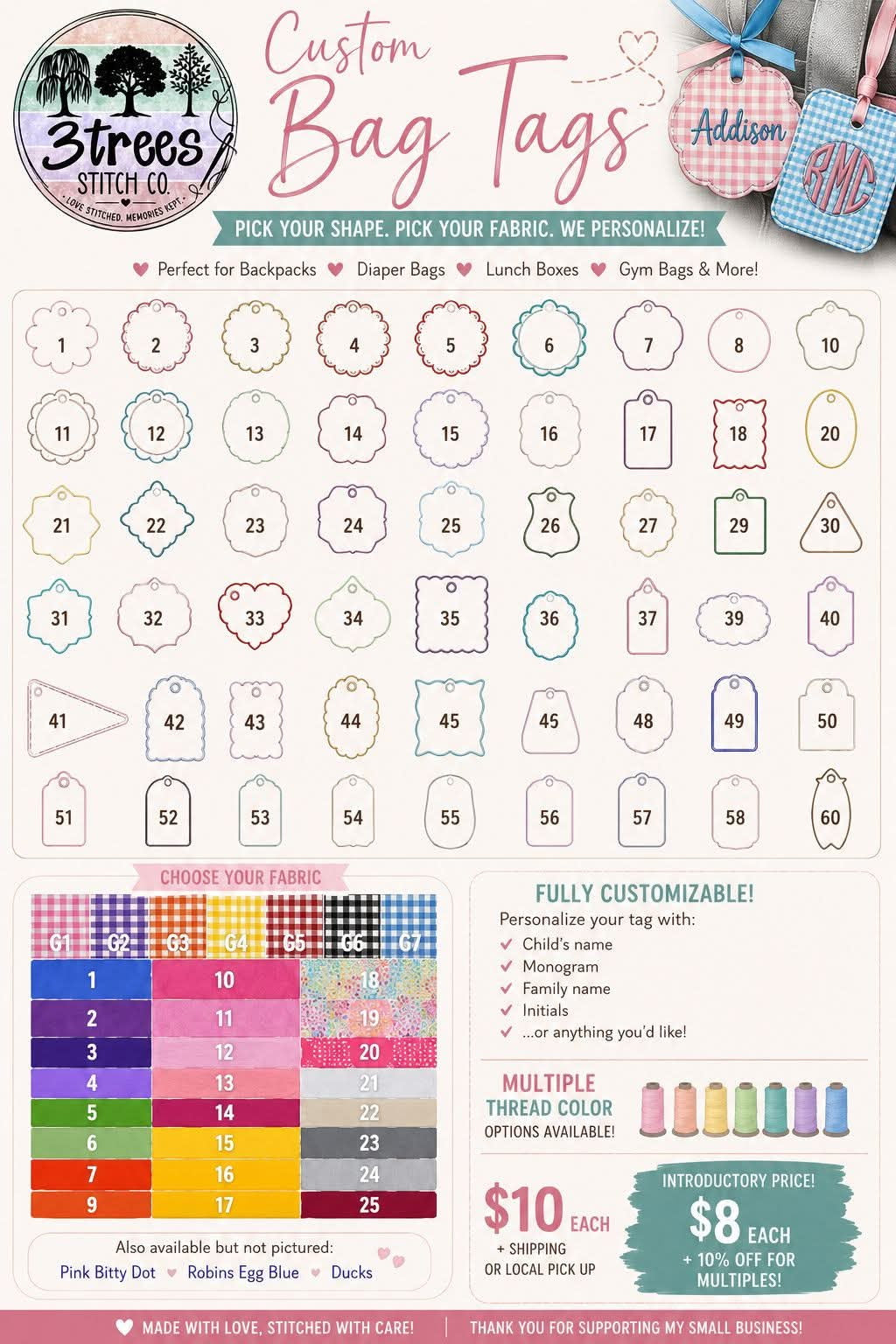 CUSTOM EMBROIDERED FABRIC |  BAG TAGS
