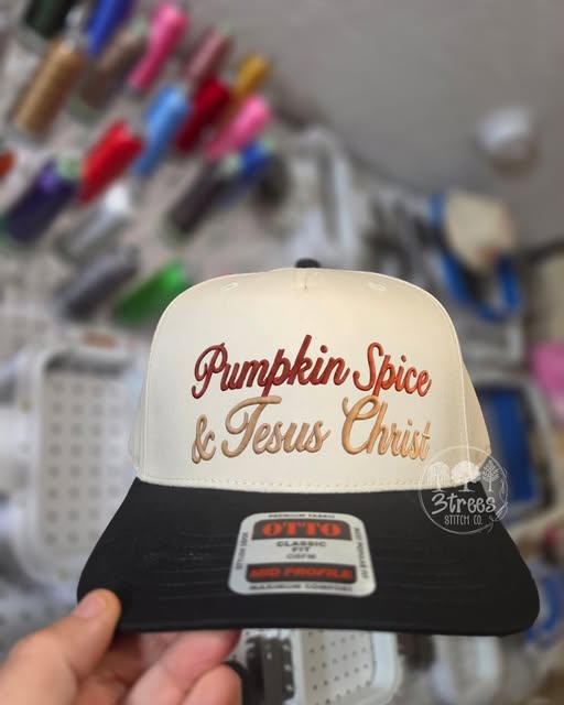 Pumpkin Spice and Jesus Christ embroidered baseball hat