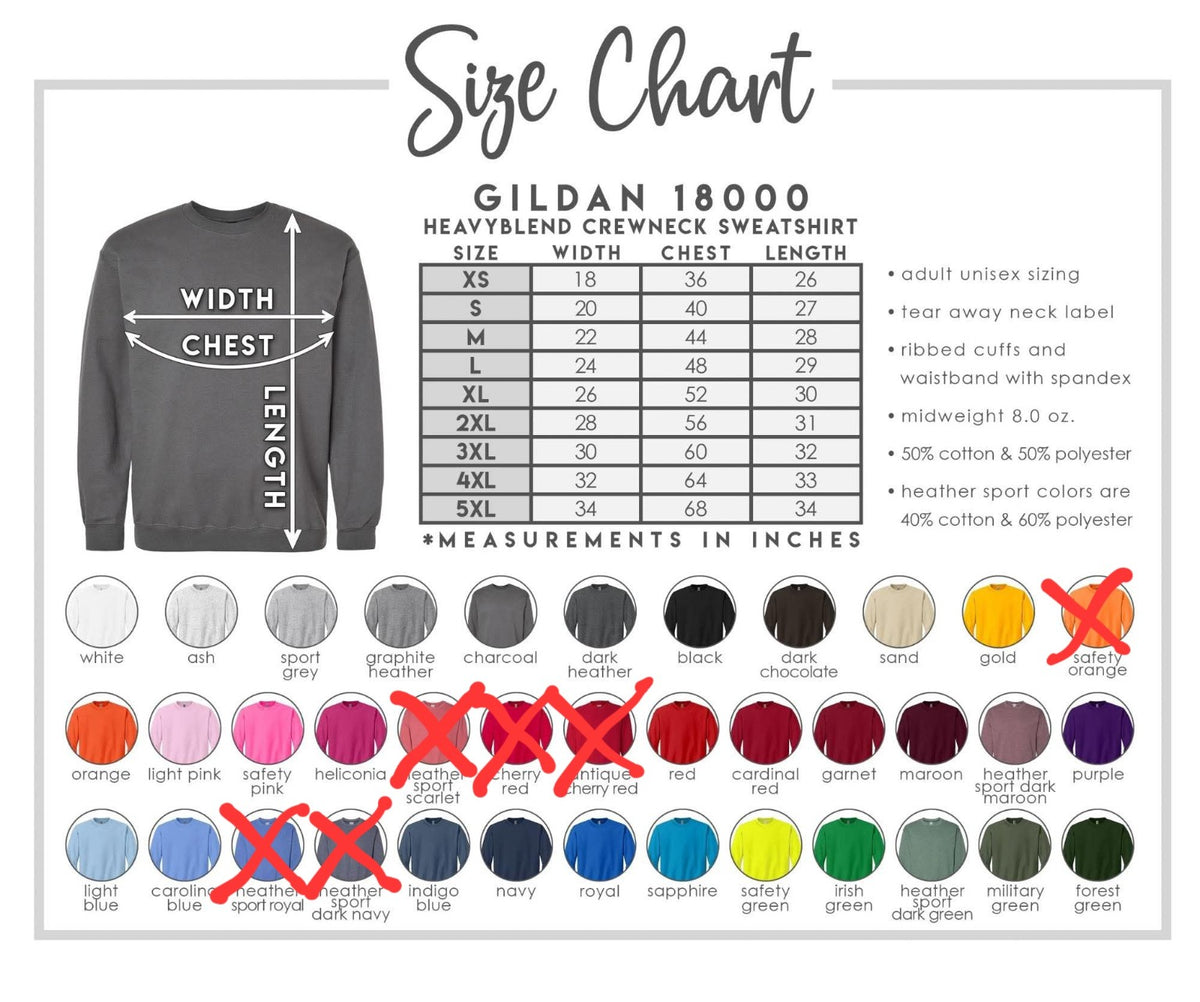 Gildan crewneck color and size chart