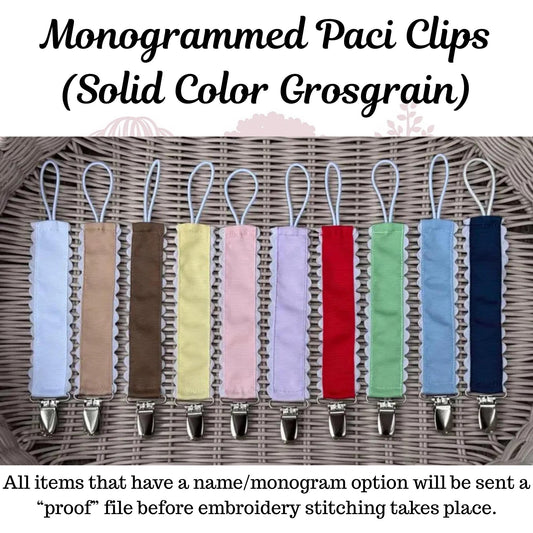 Embroidered Monogram Pacifier Clip – Gingham + Grosgrain + Seersucker Ribbon