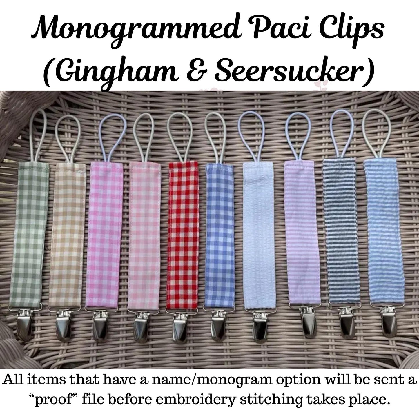 Embroidered Monogram Pacifier Clip – Gingham + Grosgrain + Seersucker Ribbon
