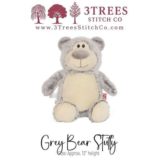 Grey Bear – Stuffed – Custom Embroidered Name, Logo or Birth Stat – Gift for Kids, Graduation, Baby Shower or Business
