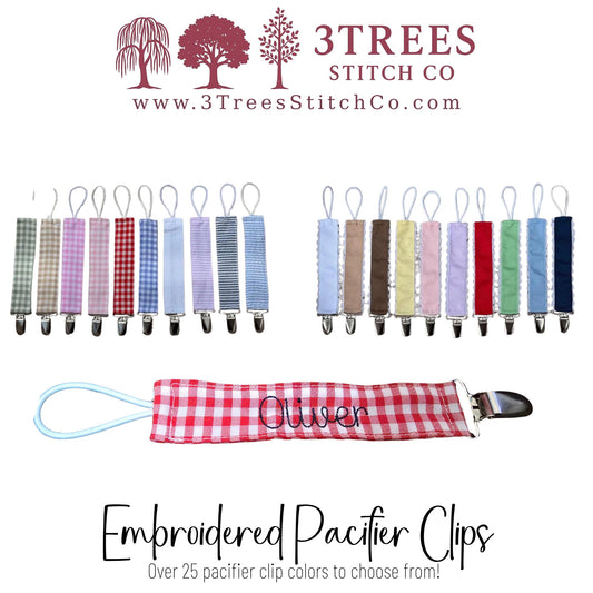 Embroidered Monogram Pacifier Clip – Gingham + Grosgrain + Seersucker Ribbon