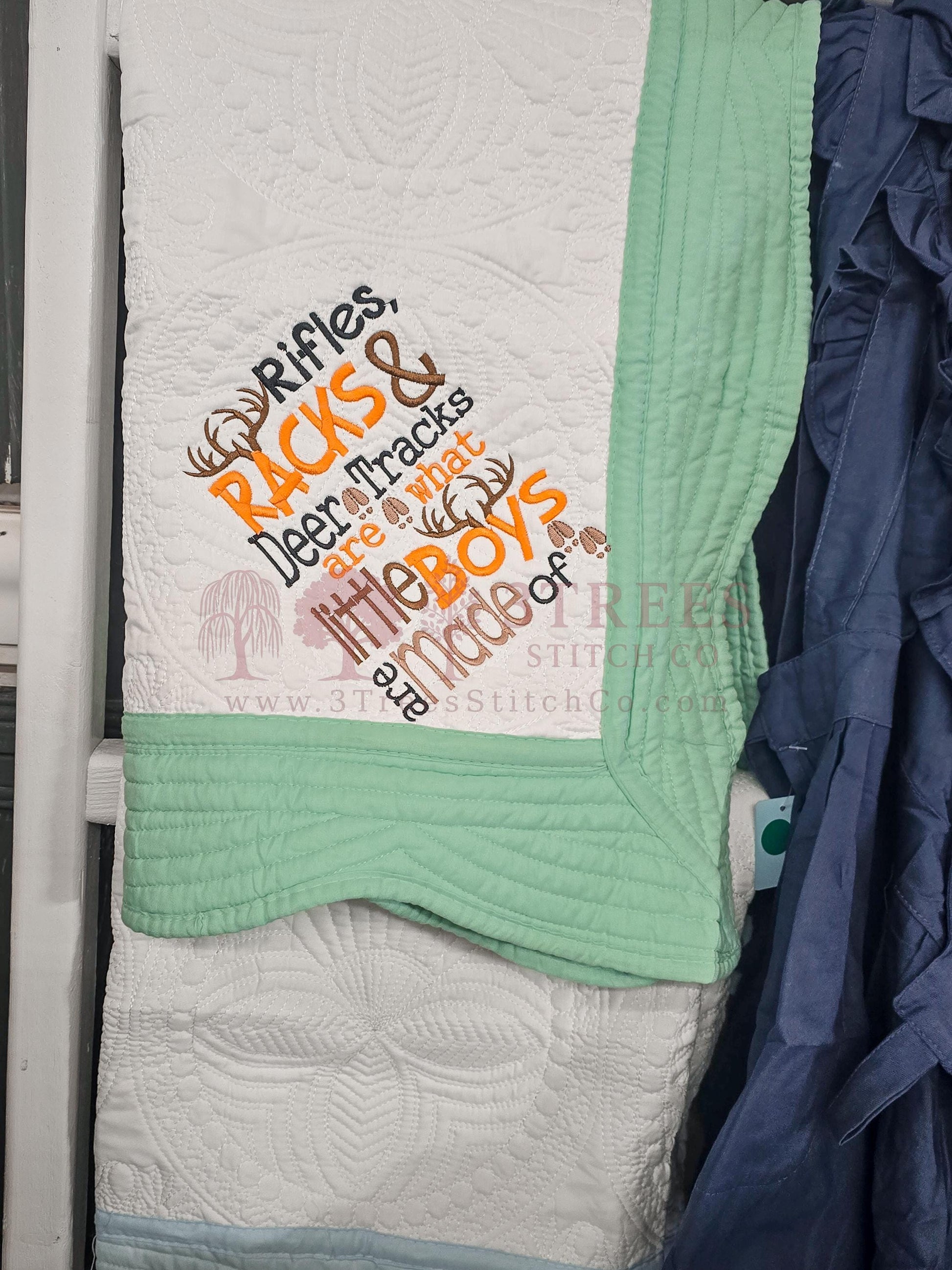 Embroidered Heirloom Baby Quilt – Hunting Theme Baby Blanket – Deer, Bucks & Tracks – Ready to Ship – Rustic Nursery Gift – Baby Boy