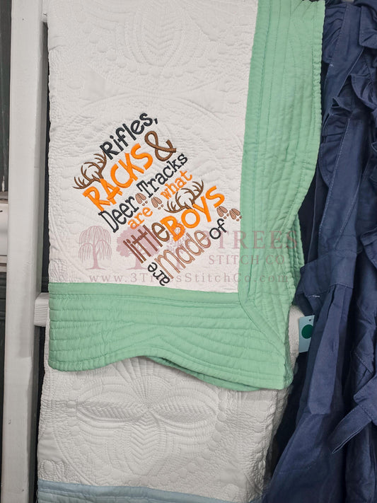 Embroidered Heirloom Baby Quilt – Hunting Theme Baby Blanket – Deer, Bucks & Tracks – Ready to Ship – Rustic Nursery Gift – Baby Boy