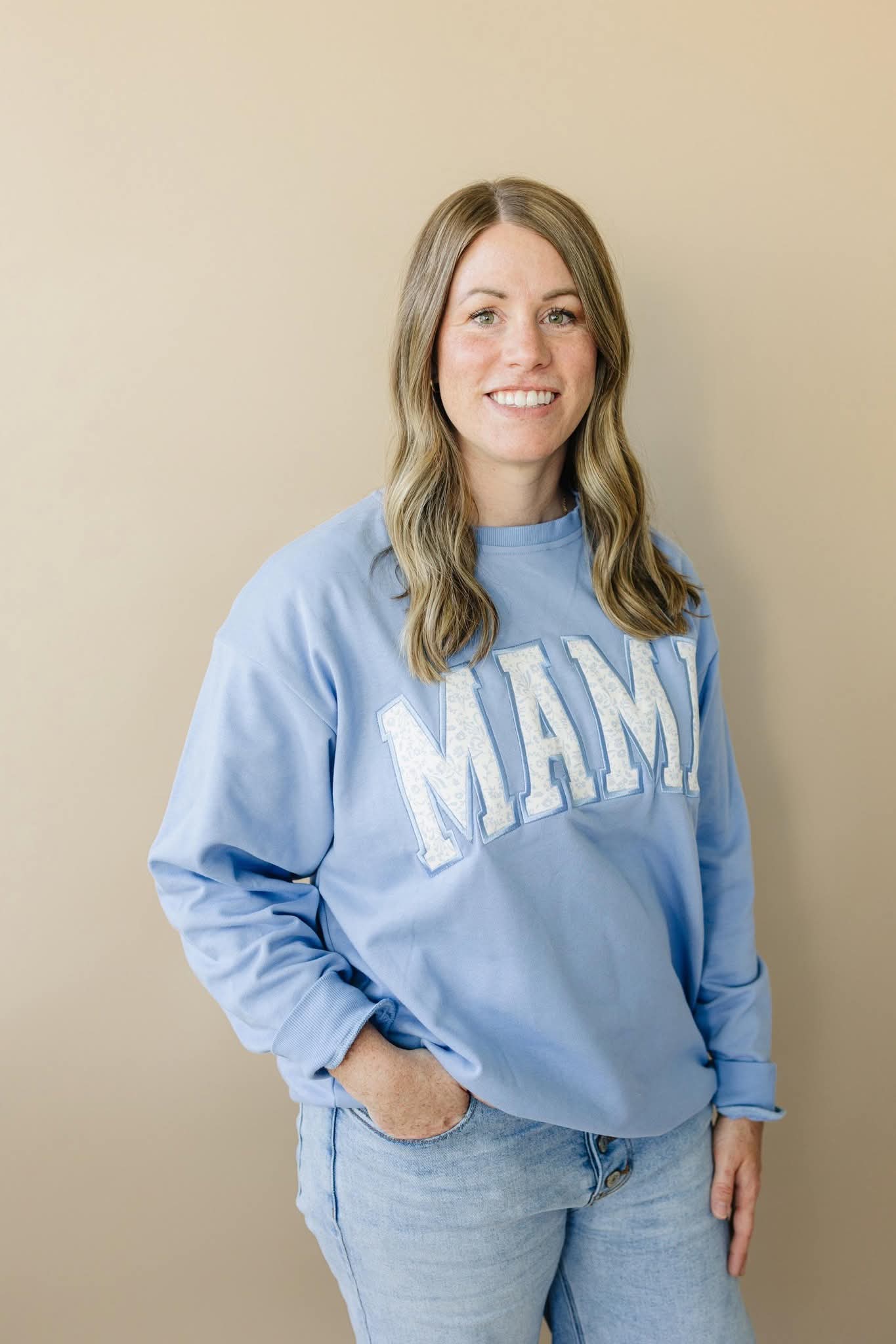 MAMA Applique Crewneck Sweatshirt - Blue Toile Print