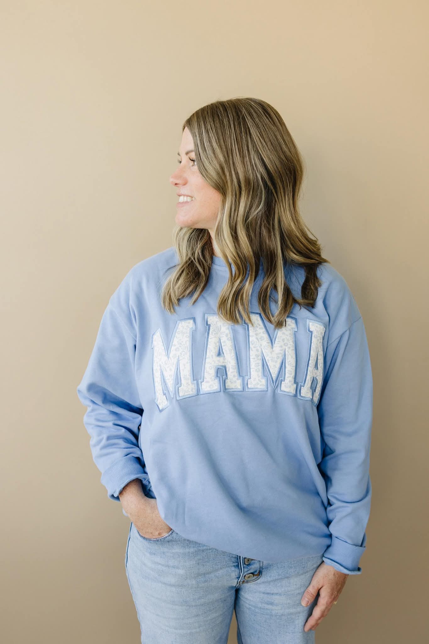 MAMA Applique Crewneck Sweatshirt - Blue Toile Print